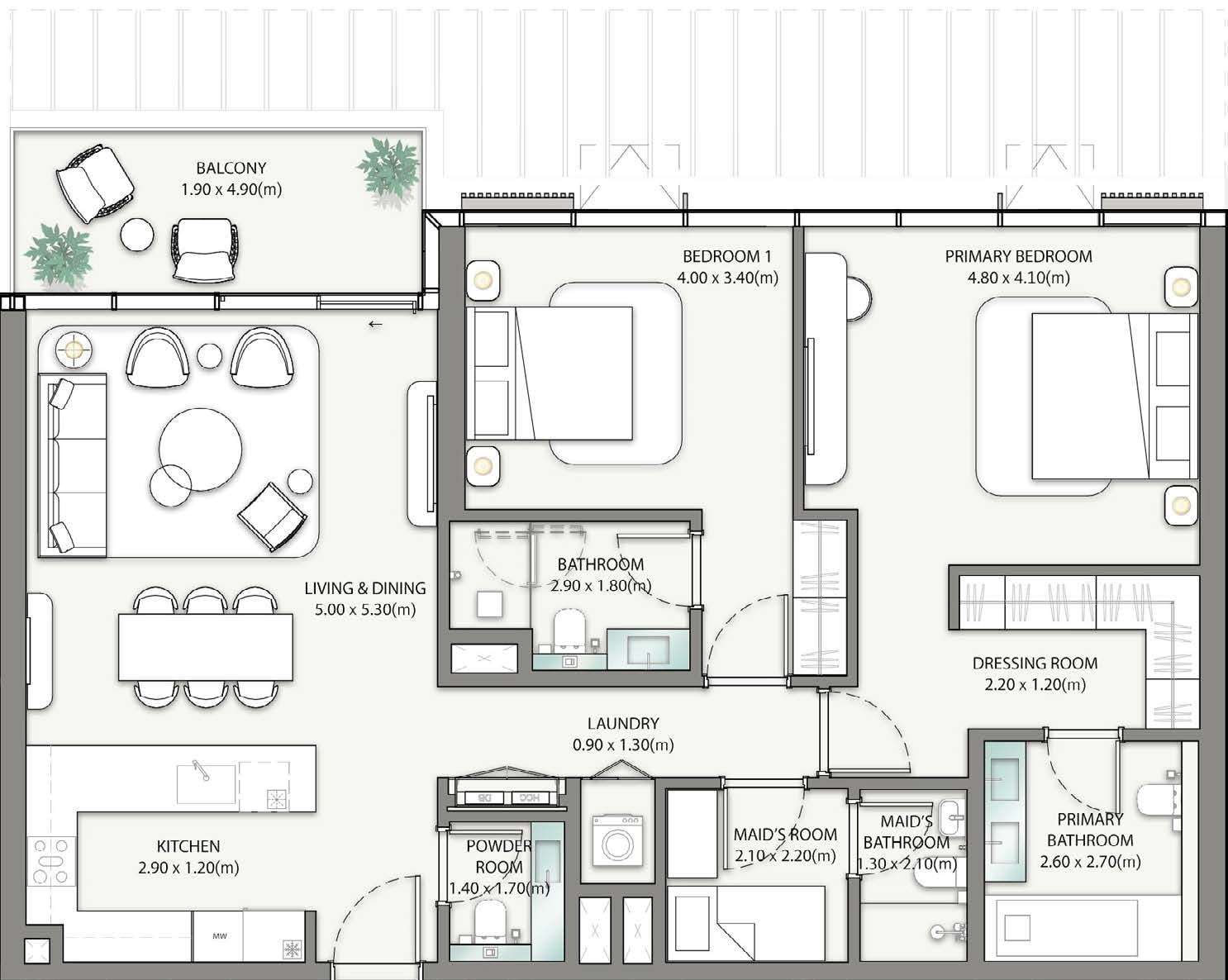 2 Bedroom + Maid Floor Plan